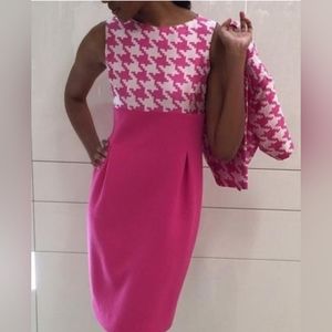 Tom and Linda Platt Hot Barbie Pink Houndstooth Pleated Silk Lined Dress - 8